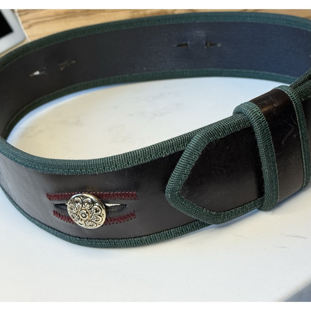 Vintage 80's I. Magnin Black Leather Waist Belt ITALY Silver Buttons Detail